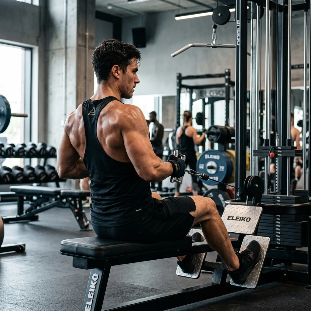 Cable back exercise in a gym