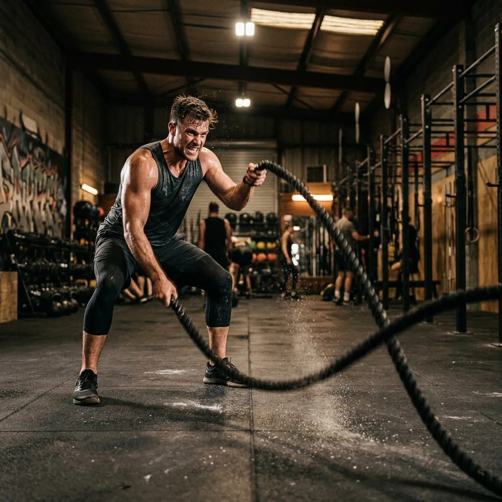 Male athlete performing battle rope slams in gym