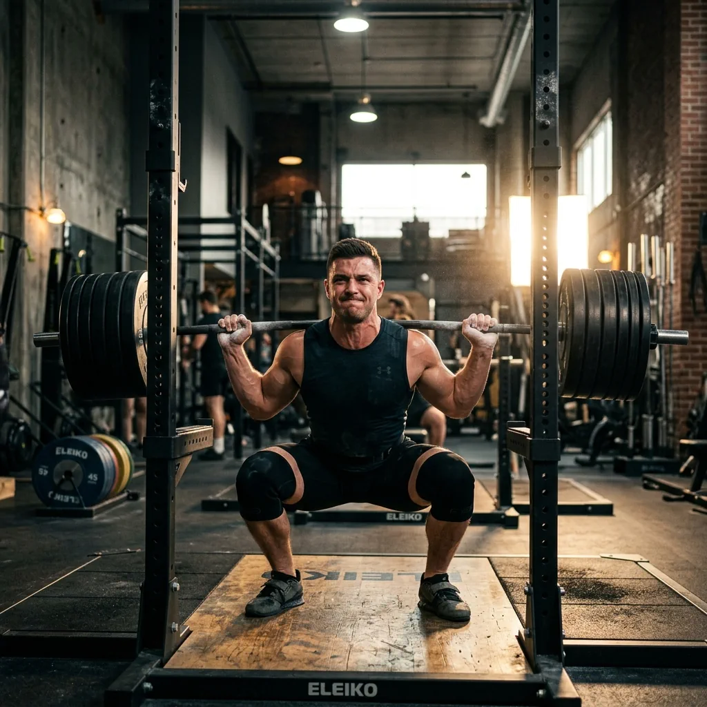 Lifter squatting in a gym