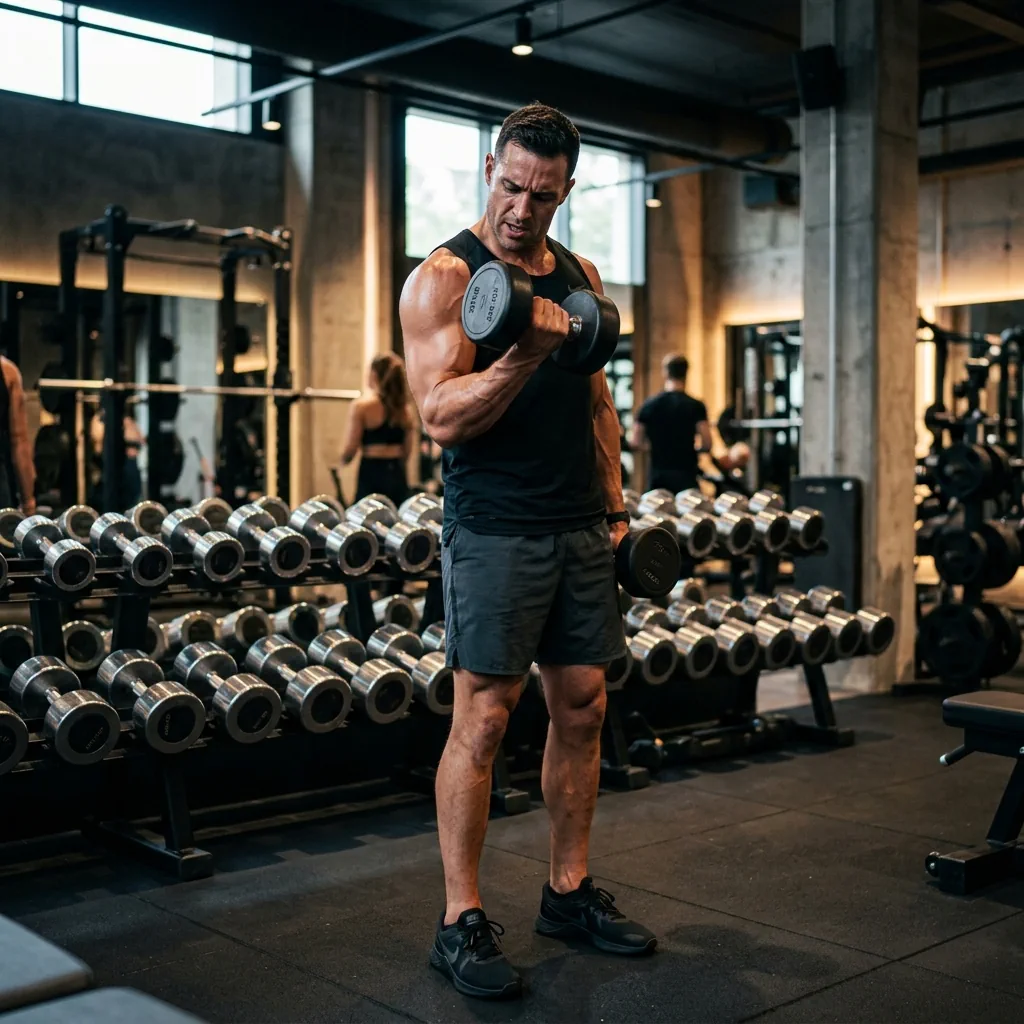Male athlete lifting dumbbells in gym